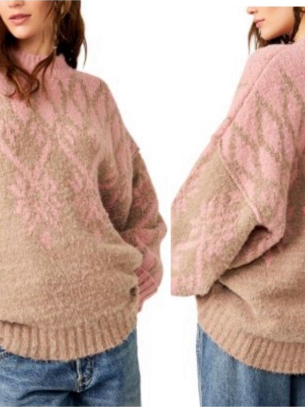 Free People Pink and Beige fireside fair isle Patterned Sweater xs